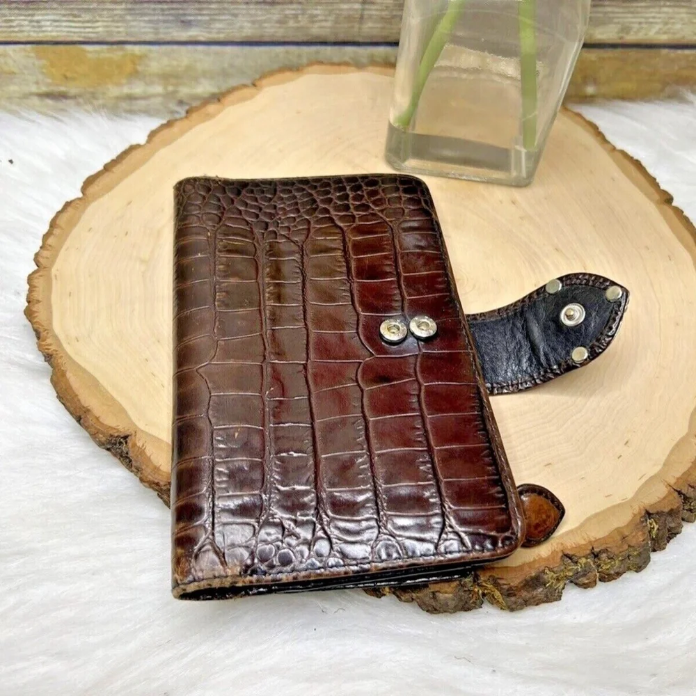 Vntg Brighton Brown Croc Embossed Leather Wallet Folder Folio Journal Case Cover - Picture 3 of 11